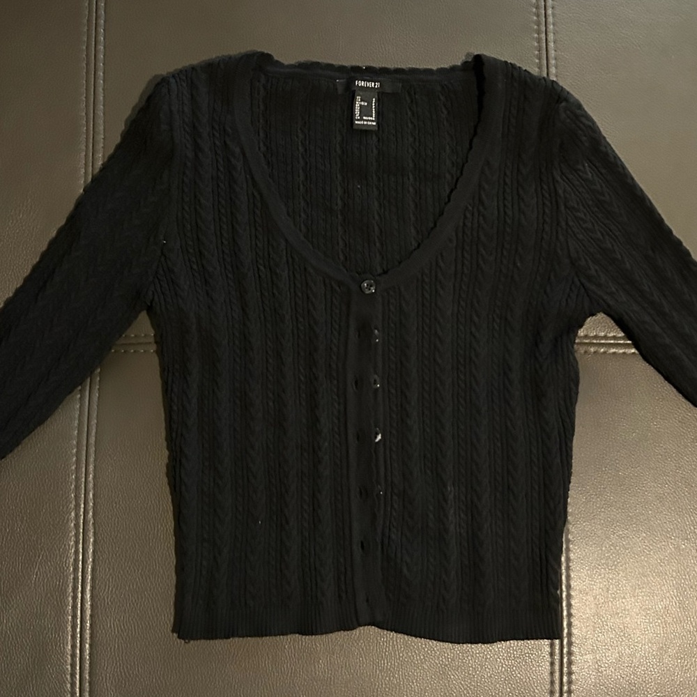 Black Cardigan With Scallop Detail